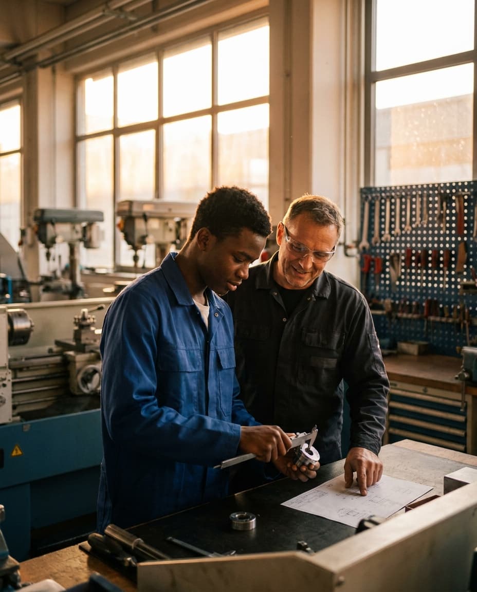 Auszubildender aus Afrika lernt mit einem Ausbilder in einer deutschen Werkstatt